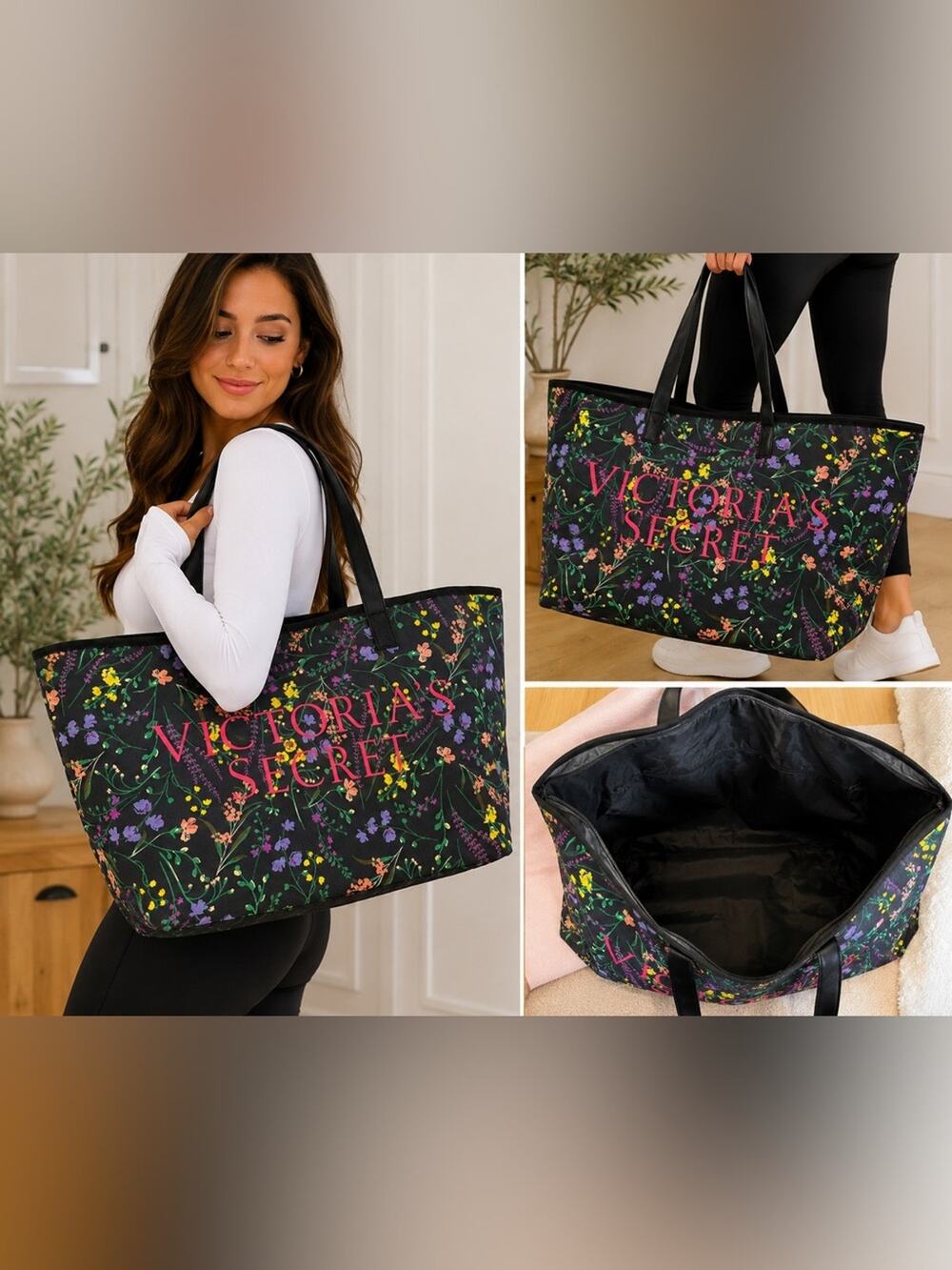 Victoria's Secret Black Floral Tote with Pink Logo